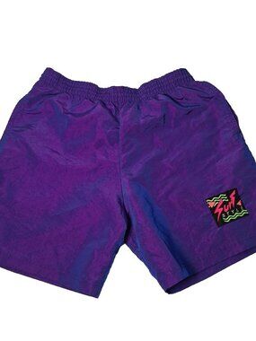Vintage 1990s Surf Style Shorts Men Medium Purple Blue Iridescent Elastic Beach